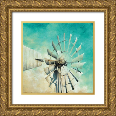 Teal Windmill Gold Ornate Wood Framed Art Print with Double Matting by White Ladder