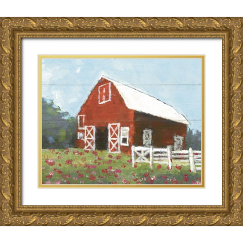 Flower Field Barn Gold Ornate Wood Framed Art Print with Double Matting by White Ladder