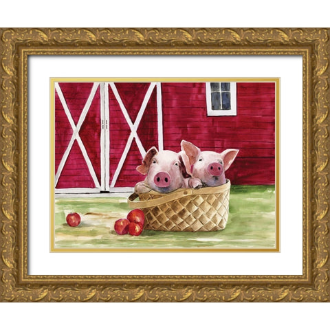 Pigs in a Basket Gold Ornate Wood Framed Art Print with Double Matting by White Ladder