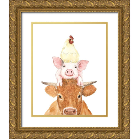 Cluck-Oink-Moo Stack Gold Ornate Wood Framed Art Print with Double Matting by White Ladder