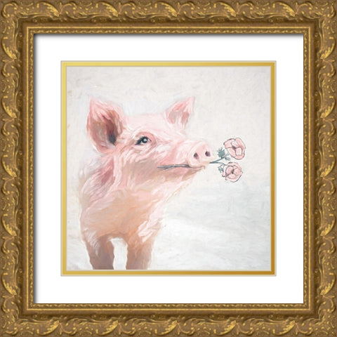 Pretty Pink Pig Gold Ornate Wood Framed Art Print with Double Matting by White Ladder