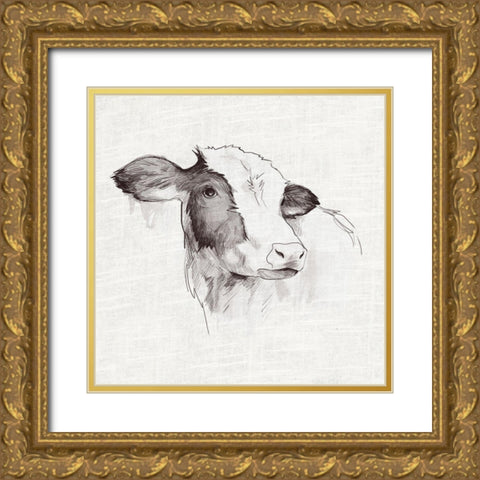 Cow Ink Drawing Gold Ornate Wood Framed Art Print with Double Matting by White Ladder