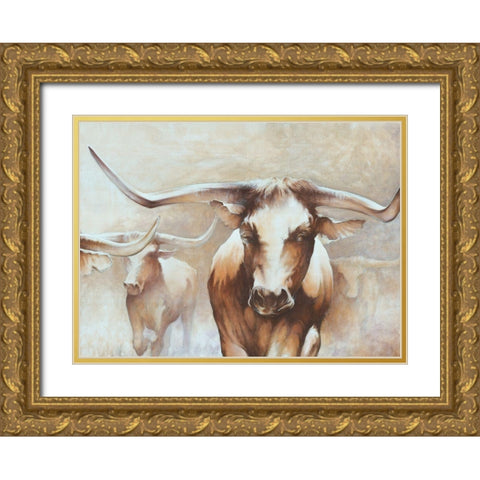Longhorn Herd Gold Ornate Wood Framed Art Print with Double Matting by White Ladder