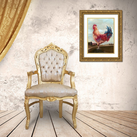 Hillside Rooster II Gold Ornate Wood Framed Art Print with Double Matting by White Ladder