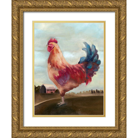 Hillside Rooster II Gold Ornate Wood Framed Art Print with Double Matting by White Ladder