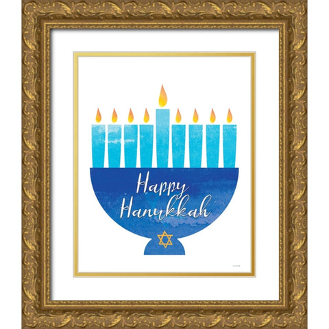 Happy Hanukkah Menorah I Gold Ornate Wood Framed Art Print with Double Matting by Yass Naffas Designs