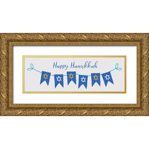 Happy Hanukkah Banner Gold Ornate Wood Framed Art Print with Double Matting by Yass Naffas Designs