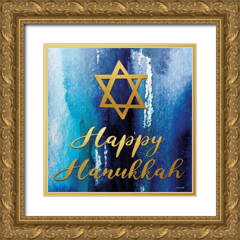 Happy Hanukkah Gold Ornate Wood Framed Art Print with Double Matting by Yass Naffas Designs