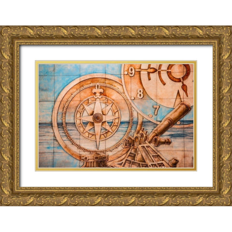 Nile River Expedition-Lower Egypt-Cairo Mural of compass and clock signifying Egypts early advances Gold Ornate Wood Framed Art Print with Double Matting by Jones, Alison