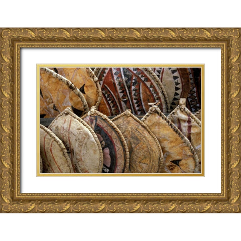 Kenya Masai shields at a roadside display Gold Ornate Wood Framed Art Print with Double Matting by Grall, Don