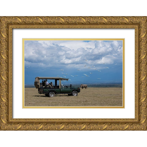 Africa-Kenya-Ol Pejeta Conservancy-Safari jeep with Southern white rhinoceros-Ceratotherium simum Gold Ornate Wood Framed Art Print with Double Matting by Hopkins, Cindy Miller