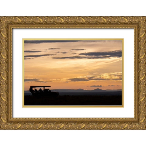 Africa-Kenya-Northern Serengeti Plains-Maasai Mara-Mara sunrise with safari jeep silhouette Gold Ornate Wood Framed Art Print with Double Matting by Hopkins, Cindy Miller