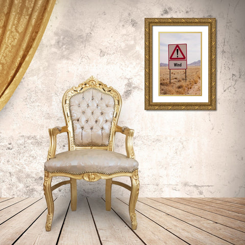 Namibia, Namib Desert Wind caution sign Gold Ornate Wood Framed Art Print with Double Matting by Kaveney, Wendy