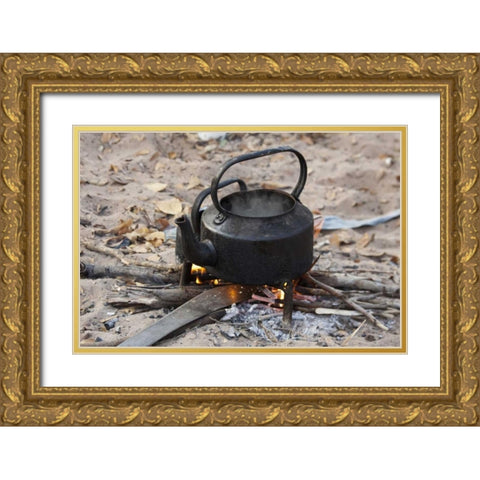 Namibia, Nhoma Kettle heats on an open fire Gold Ornate Wood Framed Art Print with Double Matting by Kaveney, Wendy