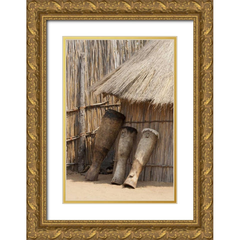 Namibia, Caprivi Strip Tribal drums lean on hut Gold Ornate Wood Framed Art Print with Double Matting by Kaveney, Wendy