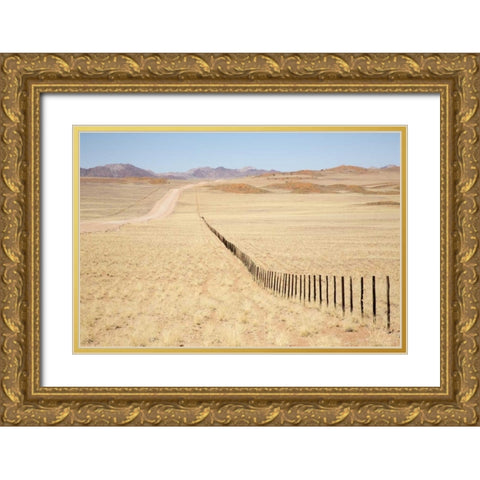 Namibia, Namib Desert Road and fence in desert Gold Ornate Wood Framed Art Print with Double Matting by Kaveney, Wendy