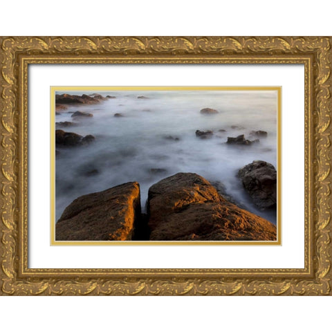 South Africa Sunset on ocean and shore rocks Gold Ornate Wood Framed Art Print with Double Matting by Young, Bill