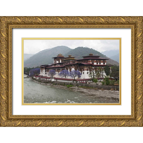 Bhutan Punakha Dzong palace with jacaranda Gold Ornate Wood Framed Art Print with Double Matting by Kirkland, Dennis