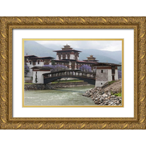 Bhutan Foot bridge near Punakha Dzong palace Gold Ornate Wood Framed Art Print with Double Matting by Kirkland, Dennis