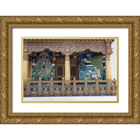Bhutan Detailed woodwork at Punakha Dzong palace Gold Ornate Wood Framed Art Print with Double Matting by Kirkland, Dennis