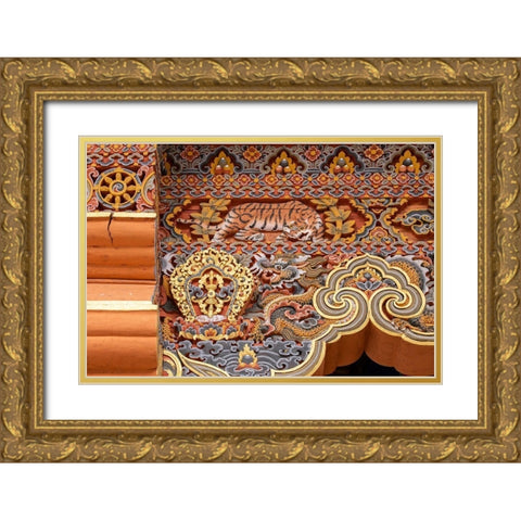 Bhutan Traditional hand painted and carved wooden architectural detail with tiger and dragon Gold Ornate Wood Framed Art Print with Double Matting by Hopkins, Cindy Miller