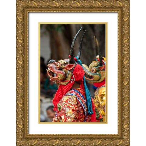 Bhutan-Punakha Dzong Punakha Drubchen Festival-masked dancers Gold Ornate Wood Framed Art Print with Double Matting by Hopkins, Cindy Miller