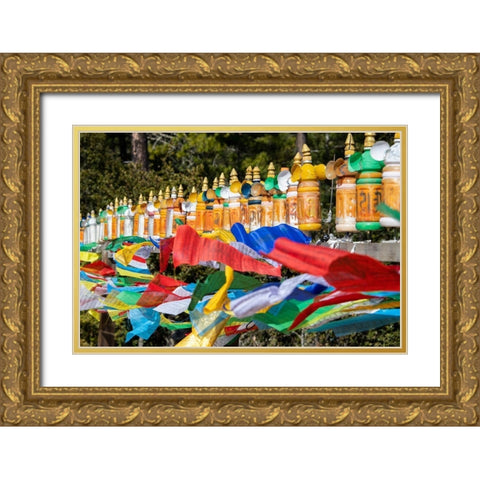 Bhutan-Paro Colorful prayer wheels and flags along the hiking trail to the Tigers Nest Monastery Gold Ornate Wood Framed Art Print with Double Matting by Hopkins, Cindy Miller