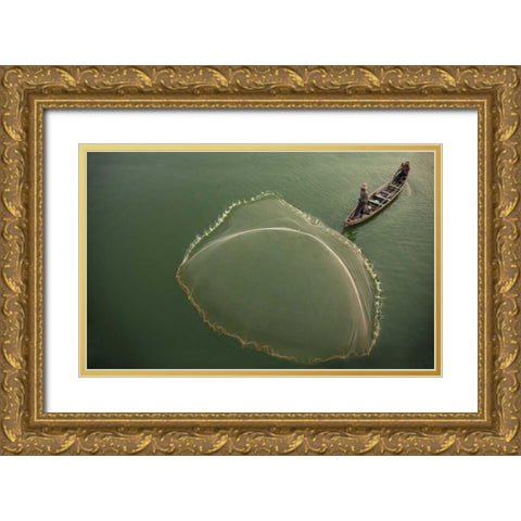 Myanmar, Fisherman casting net on Irrawaddy River Gold Ornate Wood Framed Art Print with Double Matting by Zuckerman, Jim