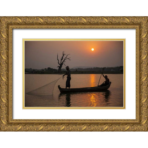 Myanmar, Amarapura Fishermen on Irrawaddy River Gold Ornate Wood Framed Art Print with Double Matting by Zuckerman, Jim