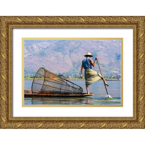 Inlay Lake-Shan State-Myanmar-Fisherman balances between his canoe and pole Gold Ornate Wood Framed Art Print with Double Matting by Haseltine, Tom