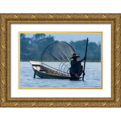 Inlay Lake-Shan State-Myanmar-Fisherman poles his canoe Gold Ornate Wood Framed Art Print with Double Matting by Haseltine, Tom