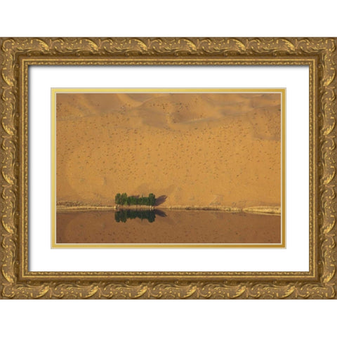 China, Badain Jaran Dune and trees by a lake Gold Ornate Wood Framed Art Print with Double Matting by Anon, Ellen