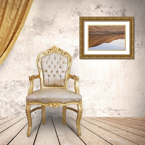 China, Badain Jaran Dune and trees by a lake Gold Ornate Wood Framed Art Print with Double Matting by Anon, Ellen
