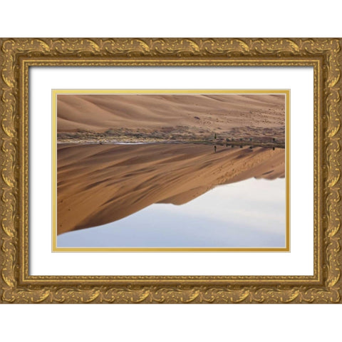 China, Badain Jaran Dune and trees by a lake Gold Ornate Wood Framed Art Print with Double Matting by Anon, Ellen