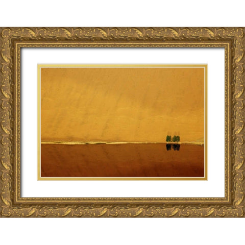 China, Badain Jaran Dune and trees by a lake Gold Ornate Wood Framed Art Print with Double Matting by Anon, Ellen