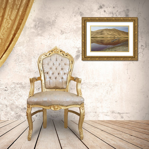 China, Badain Jaran Desert Dune reflects in lake Gold Ornate Wood Framed Art Print with Double Matting by Anon, Ellen