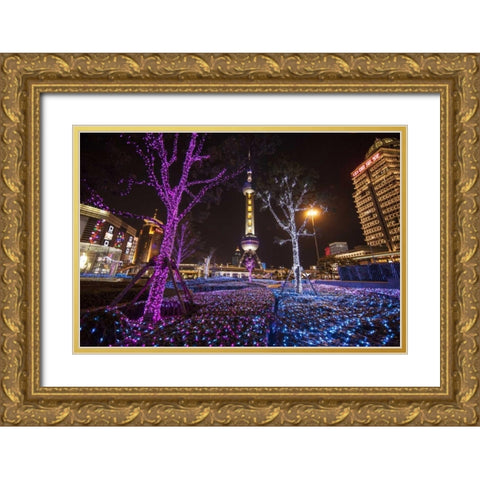 China, Shanghai Artistic light display at night Gold Ornate Wood Framed Art Print with Double Matting by Zuckerman, Jim