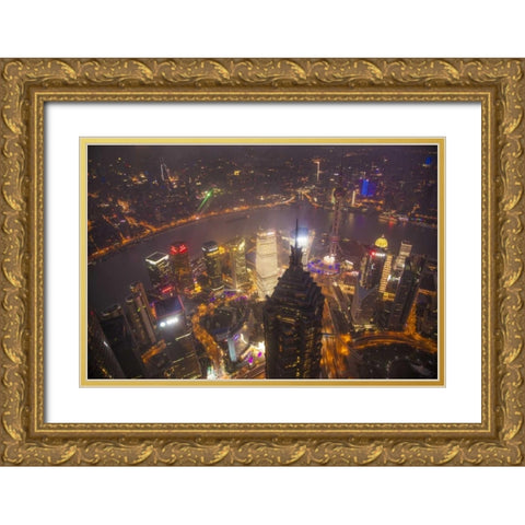 China, Shanghai Downtown buildings at night Gold Ornate Wood Framed Art Print with Double Matting by Zuckerman, Jim