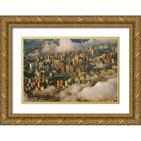 Aerial view of Shanghai-China Gold Ornate Wood Framed Art Print with Double Matting by Su, Keren