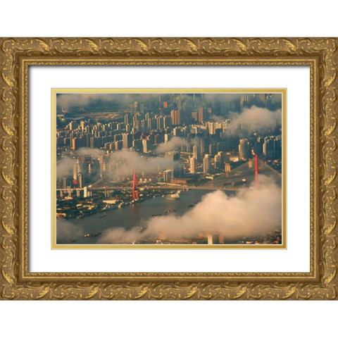 Aerial view of Shanghai-China Gold Ornate Wood Framed Art Print with Double Matting by Su, Keren