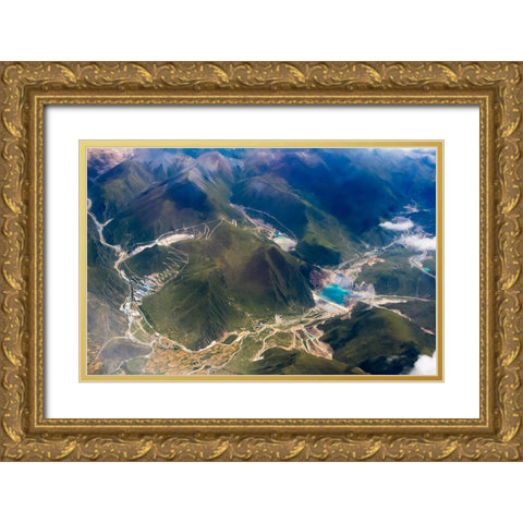 Aerial view of village and barley field in Lhasa Valley-Tibet-China Gold Ornate Wood Framed Art Print with Double Matting by Su, Keren