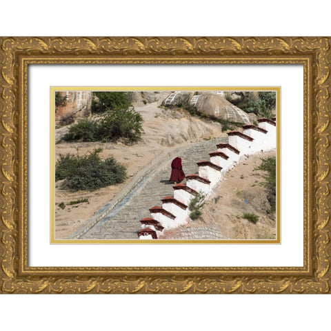 Monk walking the stairs in Drepung Monastery-Gelug university monasteries of Tibet-Lhasa-Tibet-China Gold Ornate Wood Framed Art Print with Double Matting by Su, Keren