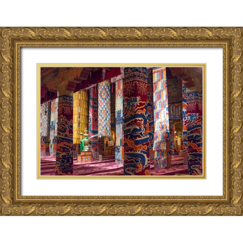 Inside a praying hall in Drepung Monastery-Gelug university monasteries of Tibet-Lhasa-Tibet-China Gold Ornate Wood Framed Art Print with Double Matting by Su, Keren