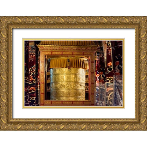 Prayer wheel inside Drepung Monastery-three Gelug university monasteries of Tibet-Lhasa-Tibet-China Gold Ornate Wood Framed Art Print with Double Matting by Su, Keren