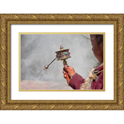 Tibetan girl-prayer wheel-Drepung Monastery-Gelug university monasteries of Tibet-Lhasa-Tibet-China Gold Ornate Wood Framed Art Print with Double Matting by Su, Keren
