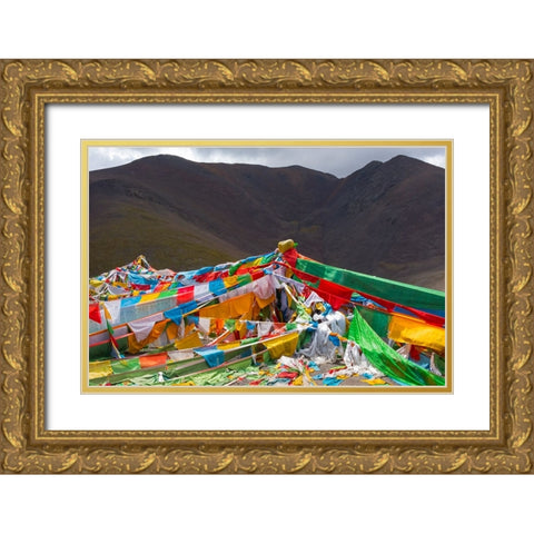 Prayer flags on Tibetan Plateau with Tanggula Mountain-Namtso-Lake Nam-Tibet-China Gold Ornate Wood Framed Art Print with Double Matting by Su, Keren