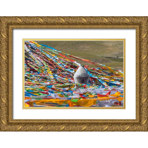 Prayer flags with juniper incense burner on Tibetan Plateau-Namtso-Lake Nam-Tibet-China Gold Ornate Wood Framed Art Print with Double Matting by Su, Keren
