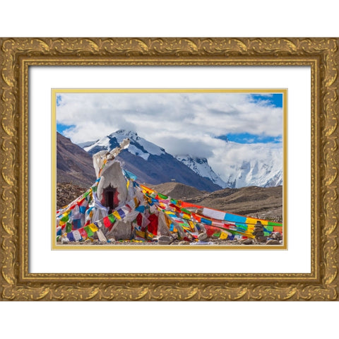 Mani pile and prayer flags in Rongbuk Valley-Lhotse peak-Mt-Everest-Shigatse Prefecture-Tibet-China Gold Ornate Wood Framed Art Print with Double Matting by Su, Keren