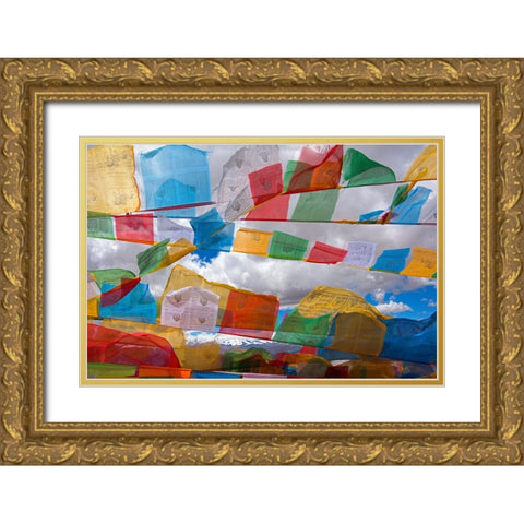 Prayer flags in the Himalayas-Mt-Everest National Nature Reserve-Shigatse Prefecture-Tibet-China Gold Ornate Wood Framed Art Print with Double Matting by Su, Keren