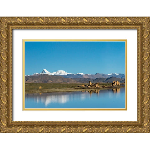 Ruins by a lake-Tibetan Plateau-Dhaulagiri-Shigatse Prefecture-Tibet-China Gold Ornate Wood Framed Art Print with Double Matting by Su, Keren
